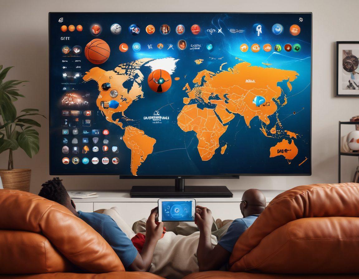 A dynamic image of a person comfortably lounging on a couch with a smart device in hand, live-streaming a sports game. The background showcases various sports icons such as footballs, basketballs, and tennis rackets, encapsulating the essence of accessing multiple sports. An overlay of globe and Wi-Fi symbols signifies global accessibility. Cinematic lighting and lively colors bring energy to the scene. vibrant colors. digital art. 3D rendering.