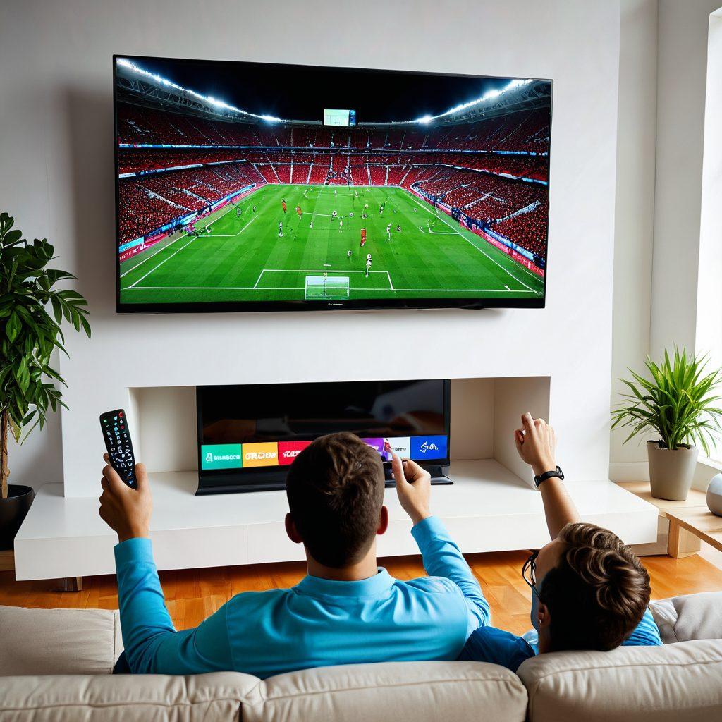 A vibrant living room setup with a large flat-screen TV displaying an intense sports match in high definition. Include a comfortable couch with a person sitting, holding a remote, and cheering enthusiastically. High-speed internet router and modern electronics visible. Bright and dynamic colors, reflecting excitement and clarity. super-realistic. vibrant colors. white background.
